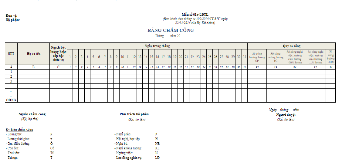 Mẫu bảng chấm công theo TT200