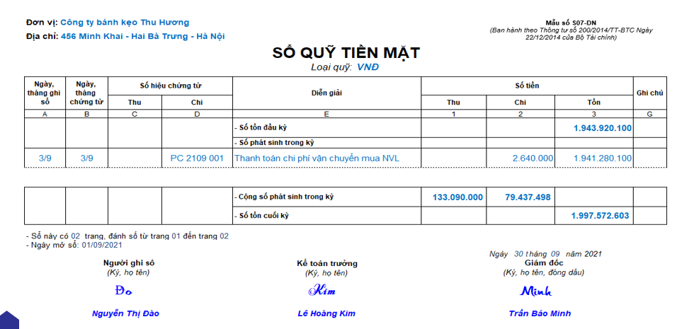 Hướng dẫn ghi sổ Quỹ tiền mặt theo TT200