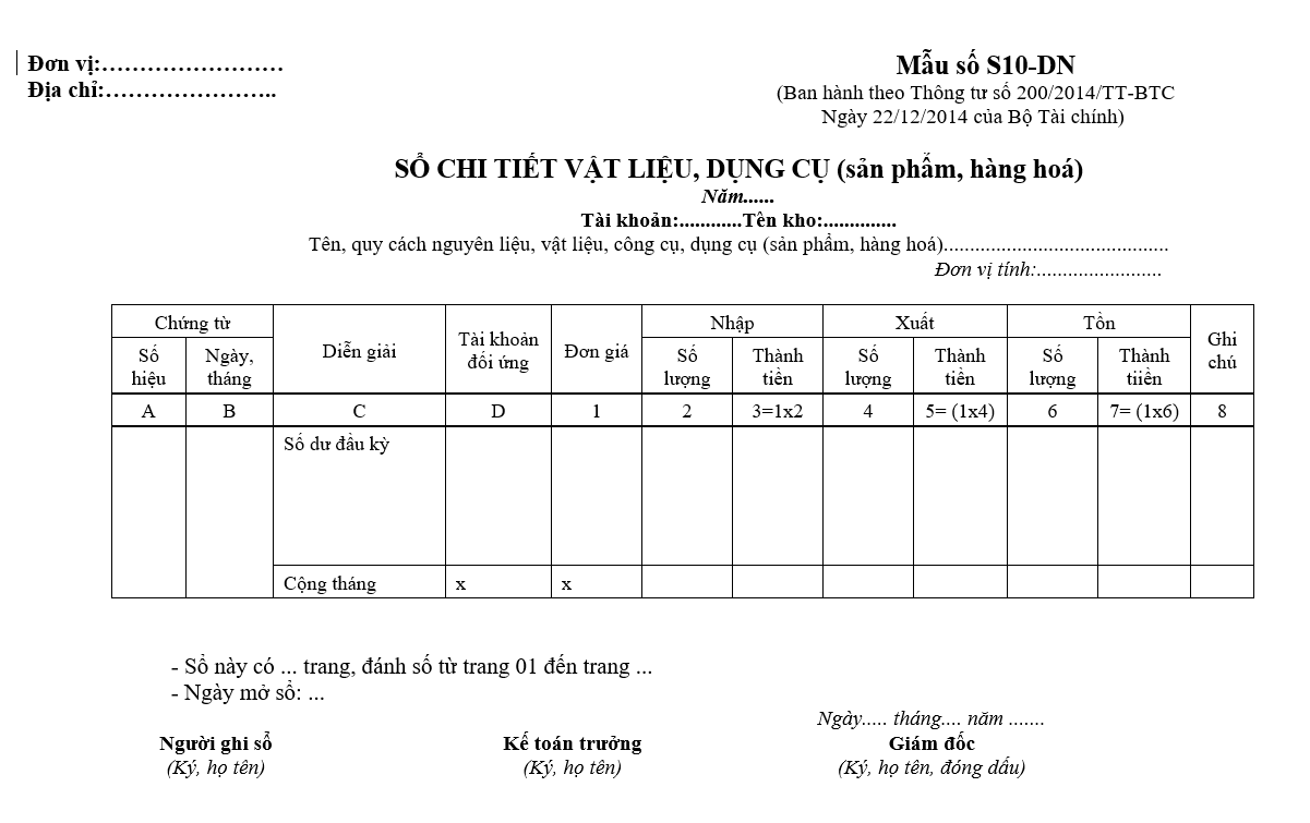 Mẫu sổ chi tiết nguyên vật liệu, dụng cụ, sản phẩm, hàng hoá theo TT200