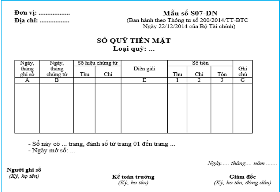 Mẫu sổ Quỹ tiền mặt theo TT200